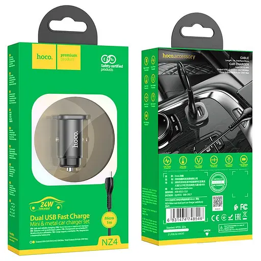 Адаптер автомобильный HOCO Micro USB Cable Wise road dual port car charger set NZ4 2USB, 4.8A - фото 7
