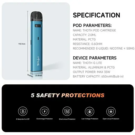 Под-система электронная сигарета Kumiho THOTH G Lite Pod 650mAh 2ml Kit Ocean Blue (18166) - фото 7