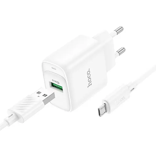 Мережевий зарядний пристрій з кабелем Hoco C140A Smart single port QC3. 0 charger set (Micro)(EU) білий - фото 1