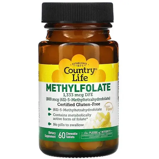 Метилфалат Country Life Methylfolate 800 mcg 60 жевательных таблеток Апельсин - фото 1