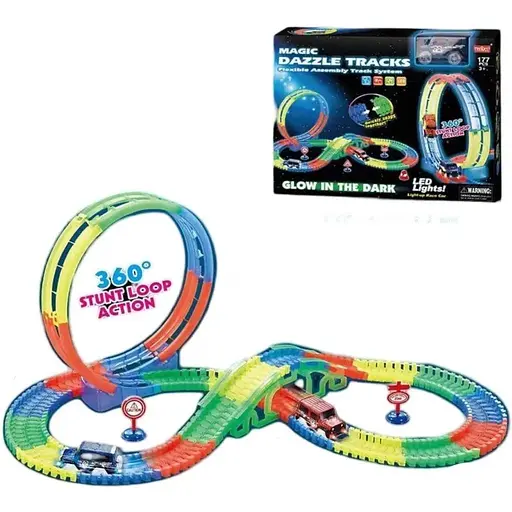 Трек неоновый с подсветкой и машинкой на батарейках 177 деталей в коробке