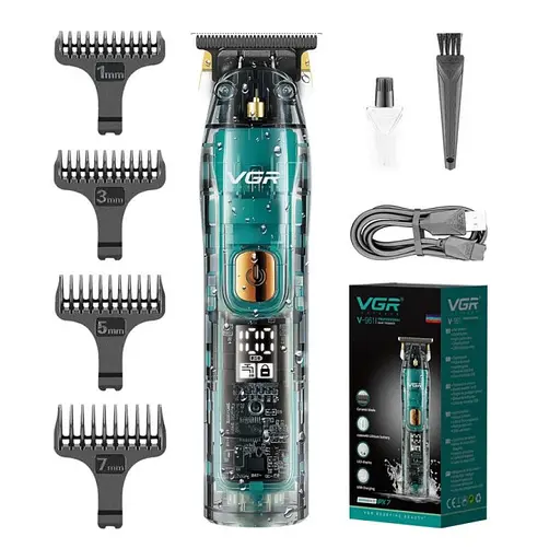 Машинка триммер для стрижки волосся та бороди VGR V-961 LCD-дисплей IPX7 (4 насадки)