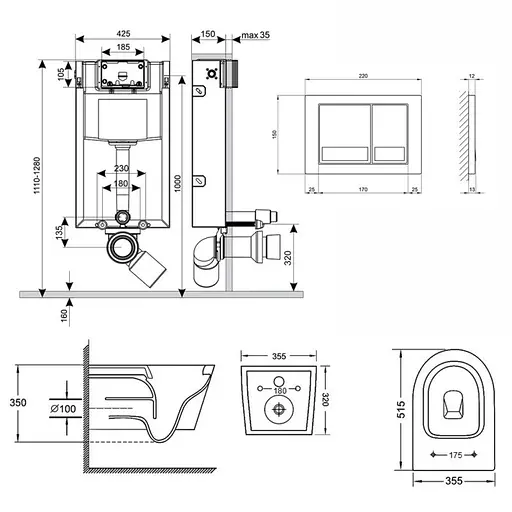 Набор Qtap инсталляция 3 в 1 Nest QT0133M425 с панелью смыва квадратной QT0111M06029SAT + унитаз с сиденьем Swan QT16335178W, Белый - фото 2