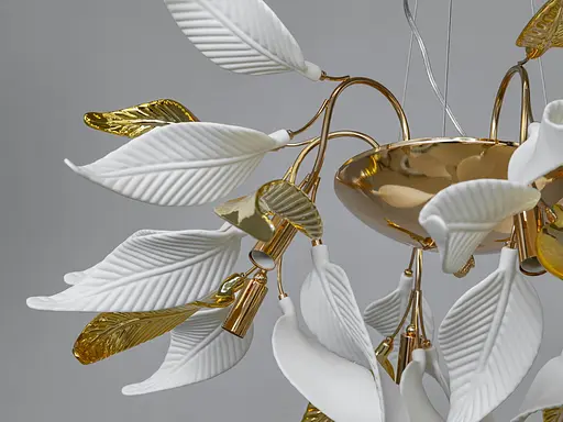 Современная подвесная люстра с фарфоровыми элементами, 6 ламп, золото. - фото 4