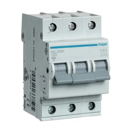 Автоматичний вимикач 3-полюсний Hager 3п C 25A 6кА 3м (MC325A)