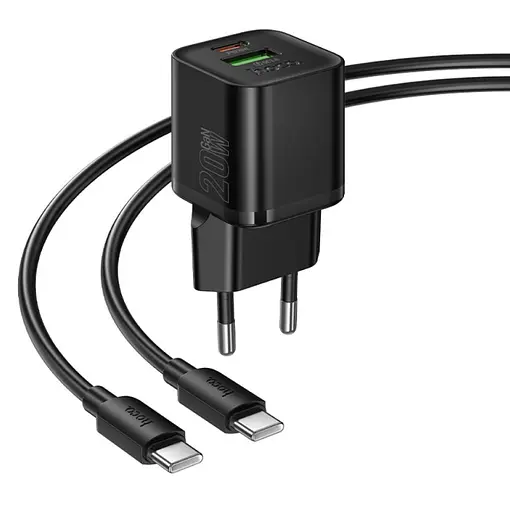 Сетевое зарядное устройство с проводом Hoco N65 Ingenious GaN PD20W+QC 3.0 Type-C to Type-C универсальная зарядка 2 порта Черный - фото 1