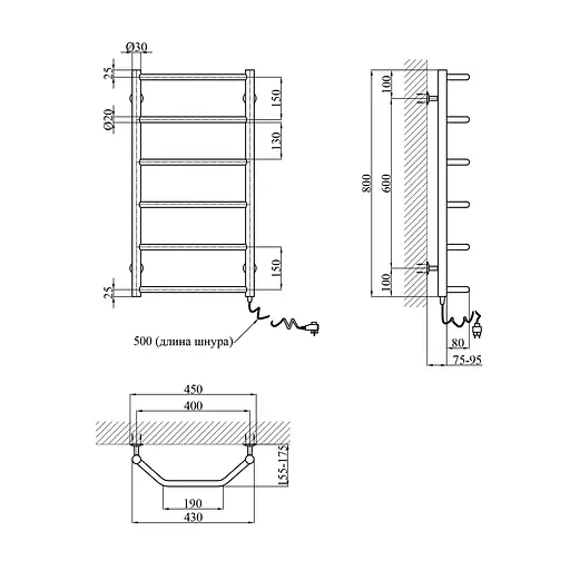 Рушникосушарка електрична Kroner Трапеція ДТ04ER 800x400/6 ER CV023848, Хром, Праве - фото 2