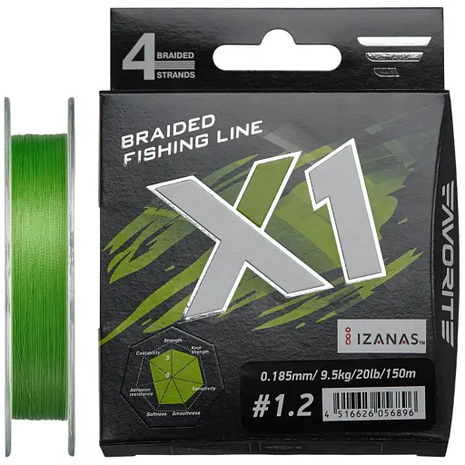 Шнур Favorite X1 PE 4x 150 м (l.green) 1.2/0.185 мм 20 lb/9.5 кг