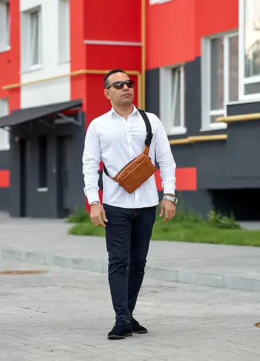 Мужская кожаная сумка бананка 0ST рыжая кожа 24 × 16 (88218121) - фото 8