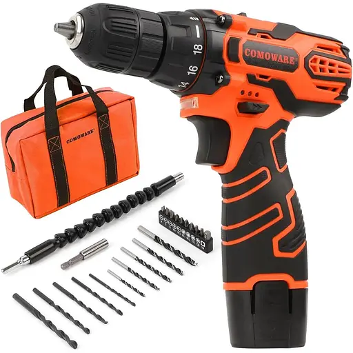 Набір акумуляторних свердлів COOWARE, електричний дриль 12 В, 1 батарея, 3/8-дюймовий безключовий свердло, 0-450 та 0-1500 об/хв