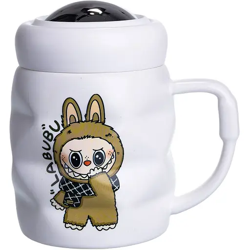 Чашка порцелянова Yiwu Labubu 400 мл з кришкою білий з коричневим Yiwu FM-54B