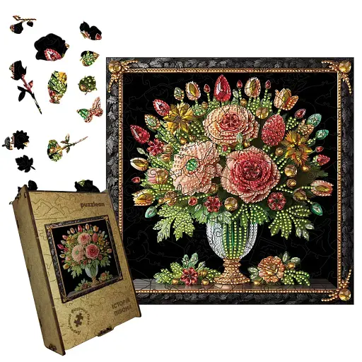 Пазл деревянный История Пиона, А4, 100 элементов, Картонная коробка