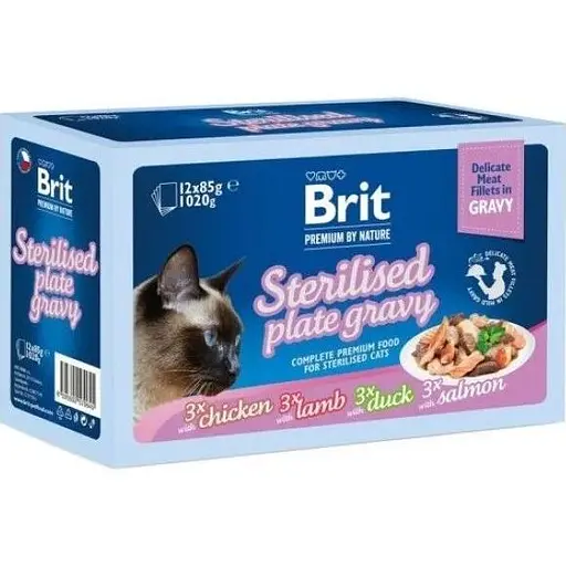 Корм влажный Brit Premium Delicate Fillets in Gravy Family Plate Sterilised для стерилизованных кошек Семейная тарелка в соусе 12 шт. - фото 1