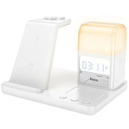 Бездротовий зарядний пристрій Hoco CQ9 3в1 з годинником білий - фото 1