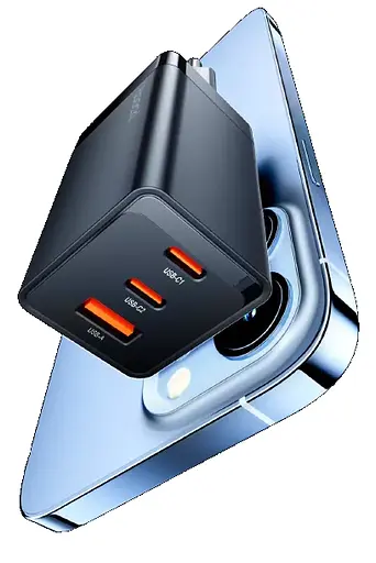 Зарядний пристрій Toocki 67w QC4.0 3 порти 2*Type-C + USB чорний - фото 3