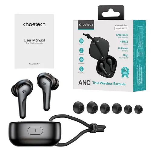 Беспроводные наушники Choetech BH-T17 Black TWS, Bluetooth 5.4, ANC+ENC (43-00136) - фото 3