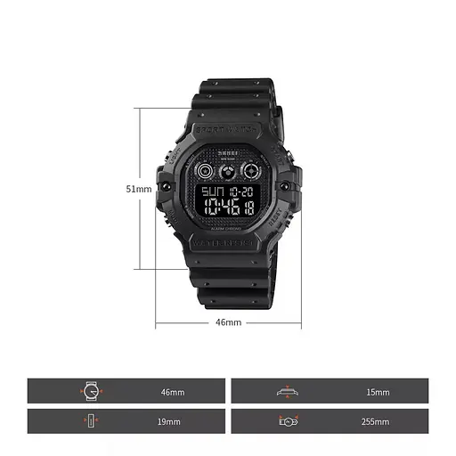 Спортивний чоловічий годинник Skmei 1606 (Чорний з чорним) - фото 8