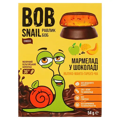Уцінка. Фруктово-овочевий мармелад Bob Snail Яблуко-Манго-Гарбуз-Чіа в бельгійському молочному шоколаді 54 г