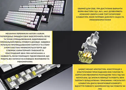Клавіатура ігрова механічна HATOR HTK-3160-UA Skyfall 65 Wireless Aurum Sterling Switch USB, 2,4 ГГц, BT 5.3 Black-White - фото 8