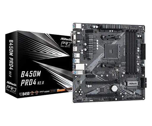 Мат.плата AM4 (B450) AsRock B450M Pro4 R2.0, B450, 4xDDR4, CrossFire, Int. Video (CPU), 4xSATA3, 1xM.2, 1xPCI-E 16x 3.0, 1xPCI-E 16x ALC892, RTL8111H, 8xUSB3.2/4xUSB2.0, VGA/DVI-D/HDMI, MicroATX