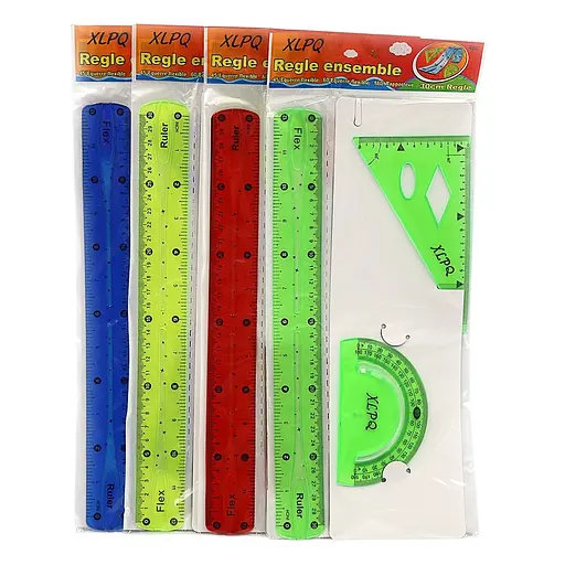 Набір силіконовий, кольоровий, трикутник, транспортир, лінійка 30 см, 3 предмети (В асортименті)