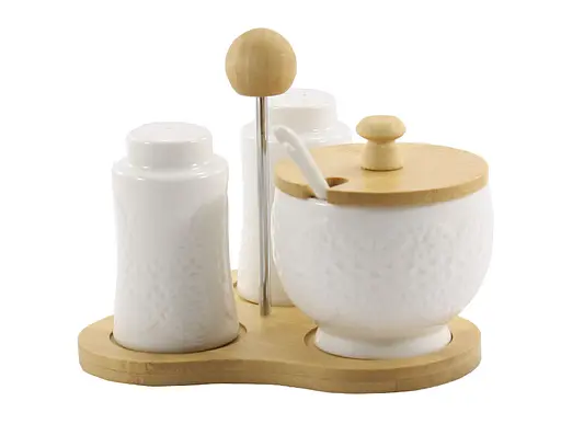 Набір для спецій та цукорниця порцелянові на дерев'яній стійці Grazie 3 предмети (PJ02152 D) - фото 1