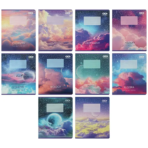 Зошити учнівські 36 аркушів клітинка KIDS LINE CLOUDS, 8 предметів, 10 шт. в упаковці