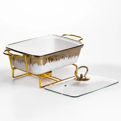 Мармитница фарфоровая Yiwu 1 л прямоугольная на металлической подставке со стеклянной крышкой 31х16х11 см мармит для первых блюд ML789-11 - фото 3