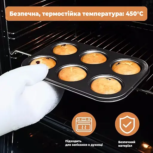 Комплект из 4 антипригарных форм противней для маффинов и кексов с рельефными ячейками (6 шт.) 26.5x18.5x2.8 см Черный 87974 - фото 4