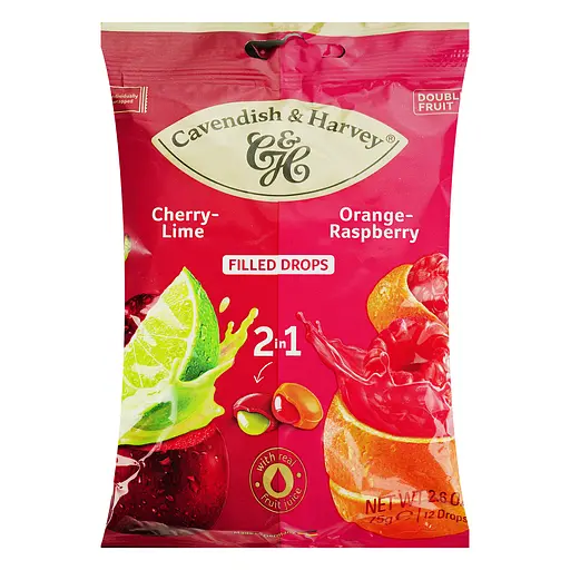 Цукерки Cavendish & Harvey Double Fruit Mixbag Вишня з наповнювачем Лайм та Апельсин з наповнювачем Малина 75 г