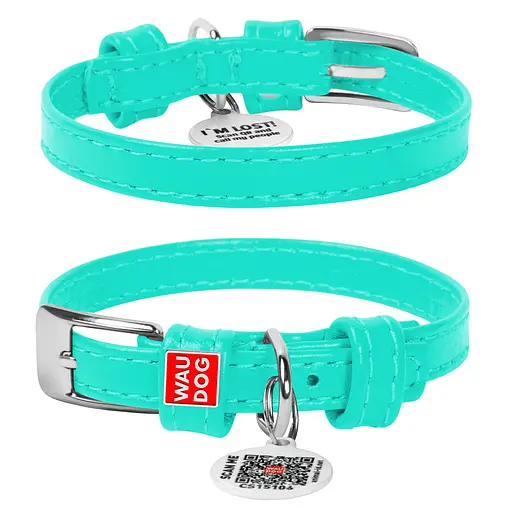 Ошейник для собак кожаный Waudog Glamour с QR-паспортом без украшений XXS Ш 9 мм Д 18-21 см ментоловый