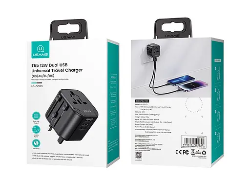 Сетевое зарядное устройство Usams US-CC173 T55 12W Dual USB Universal Travel Charger (US/AU/EU/UK) Черный - фото 2