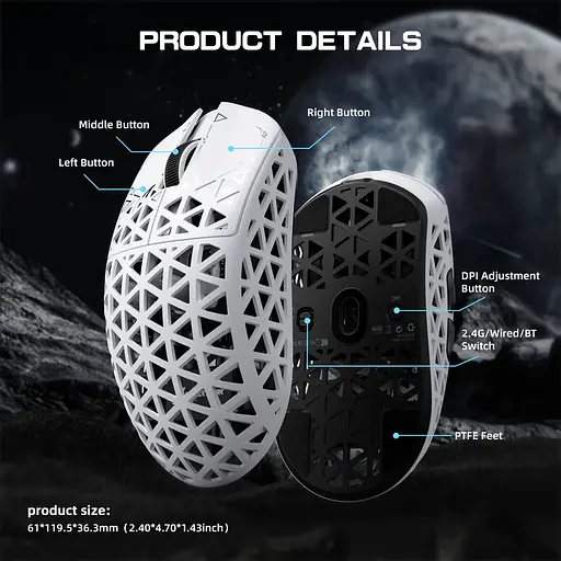 Ігрова мишка ATTACK SHARK R5 Ultra / Три режими підключення / PAW3950MAX / Carbon Fiber / 39 г / White - фото 4