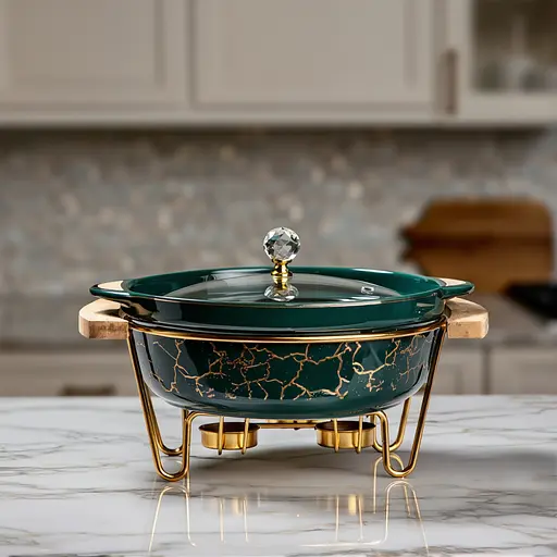 Мармит фарфоровый настольный круглый 2(л) мармитница с подогревом Зеленый мрамор Yiwu LC-715 - фото 4