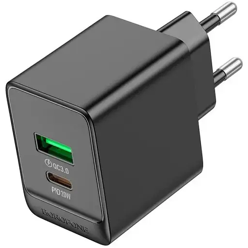 Зарядное устройство - Адаптер сетевой Borofone BAS14A Erudite charger 2 выхода 1USB + 1Type-C 20W черный - фото 1