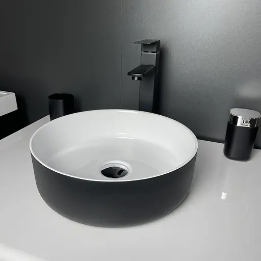 Раковина Adamant умывальник ARENA искусственный камень круглая без перелива 360х113мм врезная черно-белый - фото 2