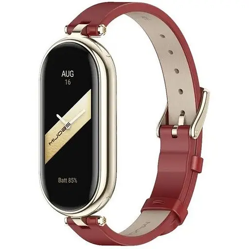 Кожаный ремешок MiJobs для фитнес-браслета Xiaomi Mi Band 8 и 9 Type A красный, держатель - золотистый