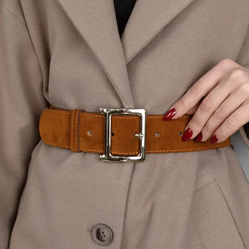 Ремень женский широкий замшевый JK-5017 рыжий с серебристой пряжкой (120 см) - фото 6