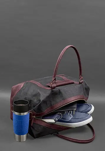 Дорожная сумка из конваса и натуральной кожи Crazy Horse бордовая - фото 7