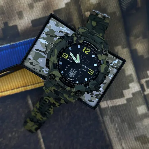 Наручний годинник чоловічий 004CMGRUASI Тризуб срібло Зелений камуфляж + Коробка. Patriot acs0031052 - фото 3