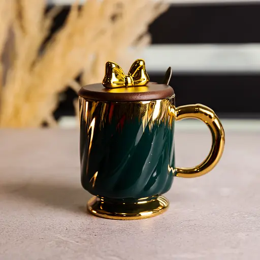 Чашка порцелянова Ribbon 450 мл з кришкою та ложкою малахіт FM-23A - фото 2