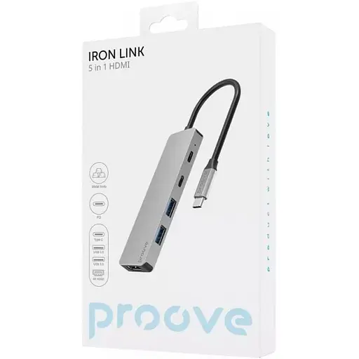 USB-хаб Proove Iron Link 5 в 1 (2*Type-C + 2*USB 3.0 + HDMI) серебристый (HBIL00222024) - фото 3