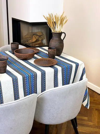 Лляна скатертина великодня з українським орнаментом Рандеву синій 330х150 см - фото 4