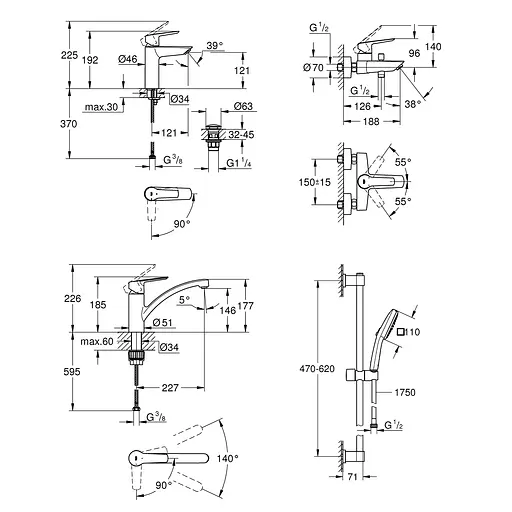 Набір змішувачів 4 в 1 для ванної кімнати та кухні Grohe QuickFix Start M-Size UA202301KE, Хром - фото 2