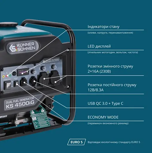 Інверторний генератор газ/бензин Konner&Sohnen 4.2/4.5 кВт KS 4500iG - фото 11
