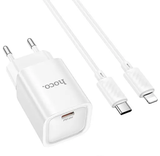Сетевое зарядное устройство Hoco C148A Charm single port PD30W Charger Set(Type-C to iP)(EU) Белый - фото 1