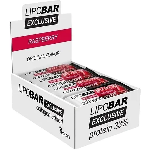 Блок батончиків LipoBar Exclusive Protein Bar, 20*50 грам збагачений біоактивним колагеном Peptan - Малина