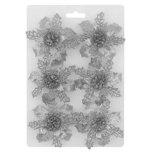 Ялинкова іграшка MIS LT Квітка Різдвяник міні 9х9х2 см набір 6 шт срібний - фото 1