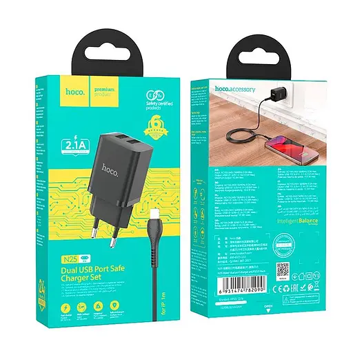 Набір блок і кабель Hoco N25 Maker + Lightning Cable dual port 2USB 2.1A білий - фото 6