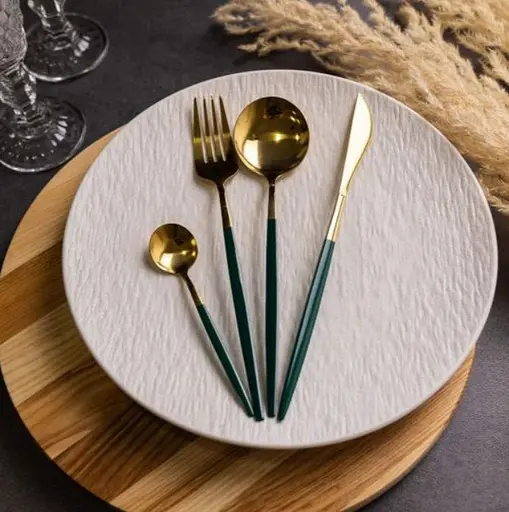 Набор столовых приборов Yiwu HP-20-44 нержавеющая сталь 24 предмета на 6 персон Золотистый с зеленым - фото 2